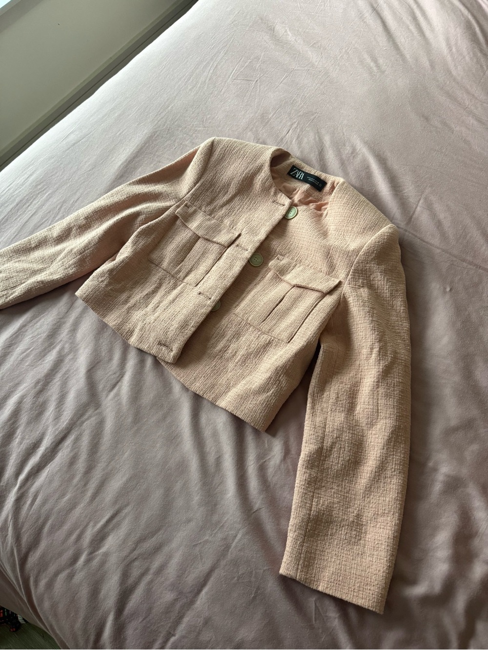 ZARA Light Pink Cropped Tweed Blazer